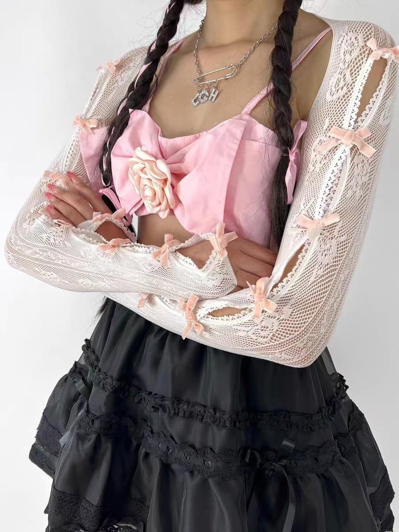 Sumleno Women's Mesh Lace Shrug Crop Top Y2K Aesthetic Arm Sleeves Cardigan with Bow Grunge Cute Fairycore Accessories - Image 4